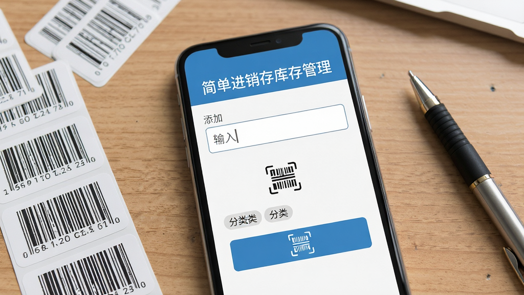 手机屏幕特写,显示“简单进销存库存管理”的商品添加页面,包含输入框、扫码图标和分类标签。画面采用写实风格,背景为办公桌面,旁边散落条形码贴纸和笔。布局以手机为中心,排版简洁,风格商务清新。细节上突出输入框和扫码按钮,画质清晰,干净无杂乱元素。