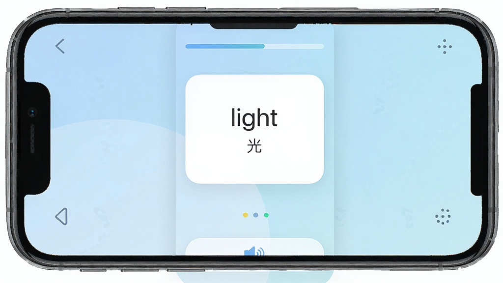 一张展示轻记单词软件界面的手机样机图,主体为一部竖屏智能手机,屏幕上显示着轻记单词APP的背单词卡片界面,卡片上有英文单词“light”和中文释义“光”,布局简洁居中,背景为柔和的浅蓝色渐变,风格为现代扁平化UI设计,细节包括顶部进度条和底部发音按钮,画质清晰,干净无多余元素