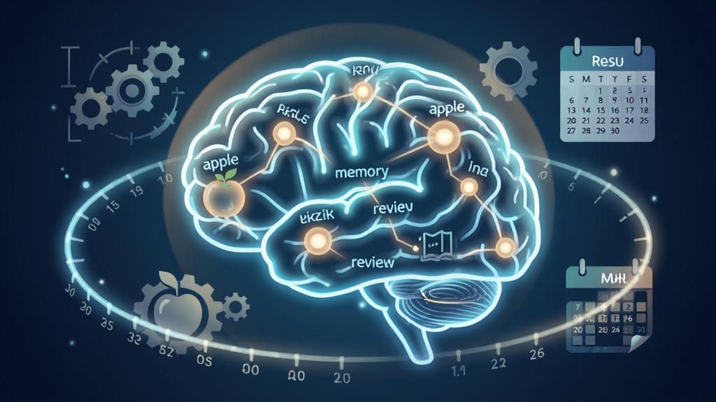 一幅AI生图,展示轻记单词的科学记忆算法概念,画面主体是一个发光的数字大脑轮廓,大脑内部有多个节点通过光线连接,节点上标注着英文单词如“apple”、“memory”、“review”,布局为大脑居中,周围环绕着时间轴和复习日历的抽象图形,风格为科技感与教育结合的插画风,细节包括柔和的光晕和齿轮元素,画质高清,干净无多余元素