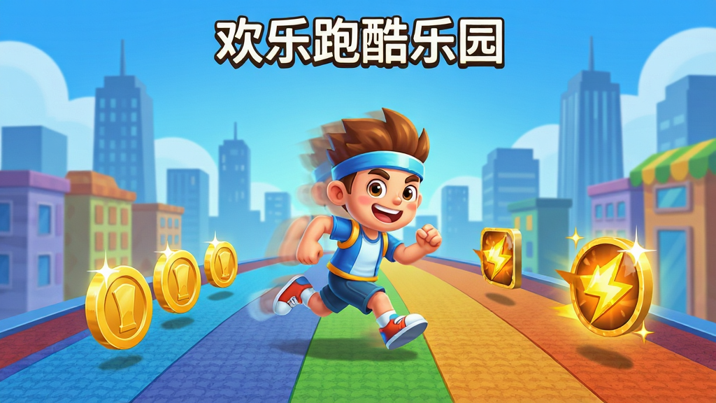 画面中央是欢乐跑酷乐园的游戏主界面,一位卡通角色在色彩鲜艳的城市跑道上向前奔跑,左右两侧分布金币与加速道具,背景是蓝天与高楼剪影,整体布局采用居中构图,上方留出软件名称“欢乐跑酷乐园”文字区域,风格为明快卡通渲染,细节包括角色运动残影、金币反光、跑道纹理,画质清晰干净,无多余元素