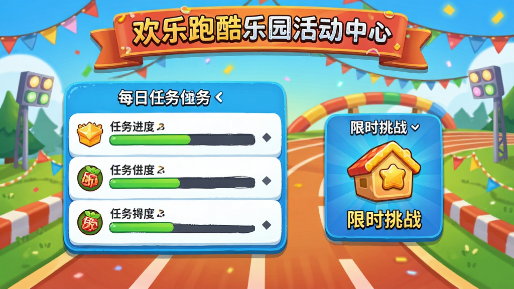 欢乐跑酷乐园活动中心界面,画面中展示每日任务列表与限时挑战入口,背景是节日氛围的跑道场景,布局为上下结构,上方为活动横幅下方为任务卡片,风格为热闹卡通界面,细节包括任务进度条与奖励图标,画质清晰干净,无多余元素