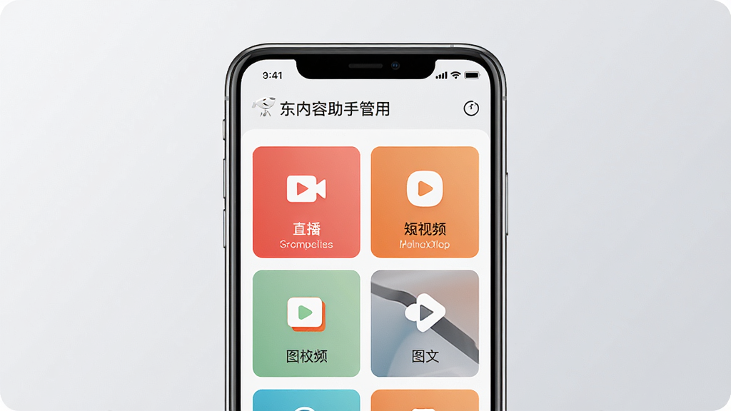 一张展示京东内容助手应用界面的手机预览图,画面中央是一部现代智能手机,屏幕上显示着内容创作管理面板,包含直播、短视频、图文等模块图标,背景为浅灰色渐变,风格简洁商务,细节清晰,画质干净,无多余元素