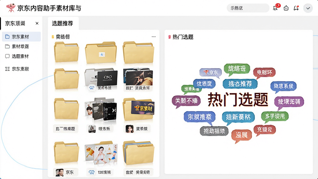 一张京东内容助手素材库与选题推荐界面的示意图,画面中显示分类整齐的素材文件夹和热门选题标签云,布局清晰,风格清新明亮,细节丰富,画质干净,无多余元素