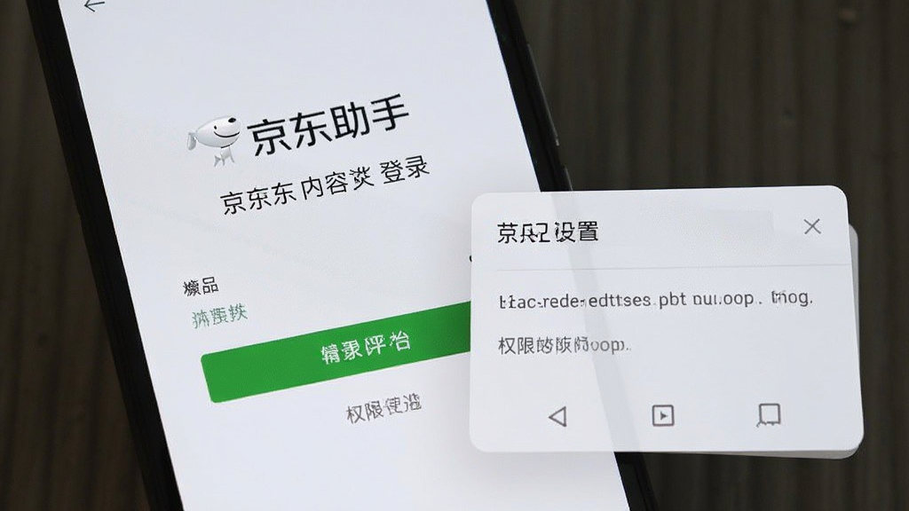 一部安卓手机显示京东内容助手登录界面和权限设置弹窗,画面简洁,布局清晰,风格写实,细节到位,画质干净,无多余元素