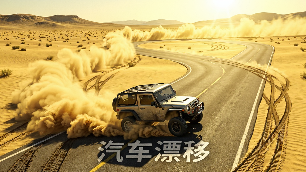 主体是一辆越野车在沙漠公路漂移扬尘,布局采用俯视广角,排版上赛道呈S形贯穿画面,风格为写实渲染,细节包括飞扬沙尘、车辙印、远处山丘,画质高清干净,无多余元素,画面中打文字“汽车漂移”,整体色调偏黄,日照强烈