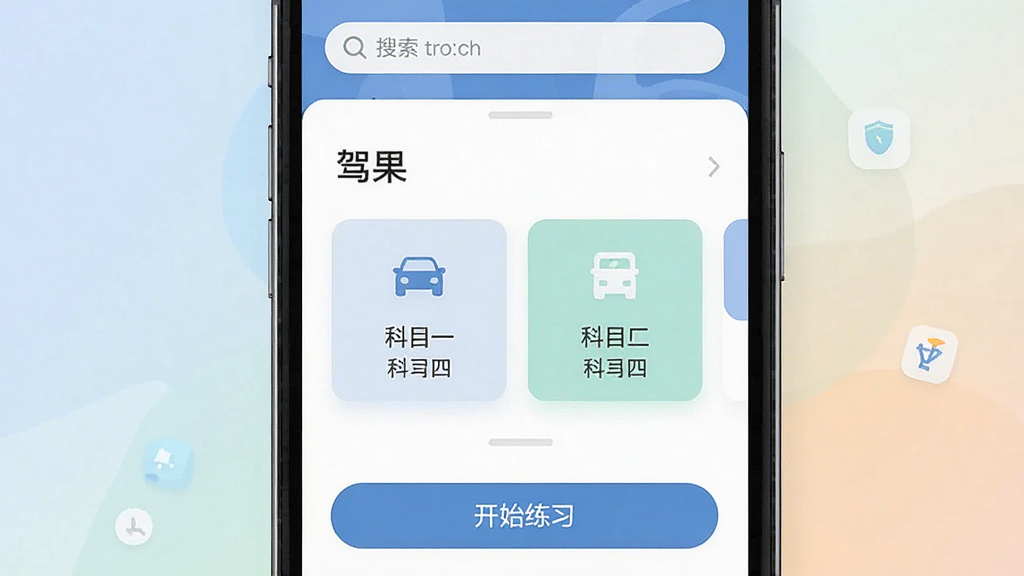 一张手机屏幕展示驾照题库通软件界面的图片,主体是一部竖直放置的智能手机,屏幕上显示着驾考题库分类列表和答题界面,布局简洁,顶部有搜索框,中间是科目一科目四的选项卡片,下方是开始练习按钮,风格为扁平化科技风,细节包括清晰的图标和柔和的背景色,画质清晰,干净,无多余元素