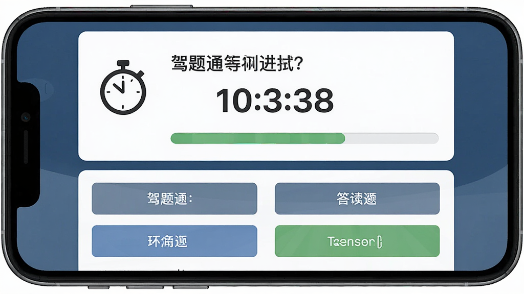 一张驾照题库通模拟考试界面的图片,主体是手机横屏显示考试倒计时和答题卡,布局分为上下两部分,上方是题目区域,下方是选项按钮,风格为严肃考试风格,细节包括计时器图标和答题进度条,画质清晰,干净,无多余元素