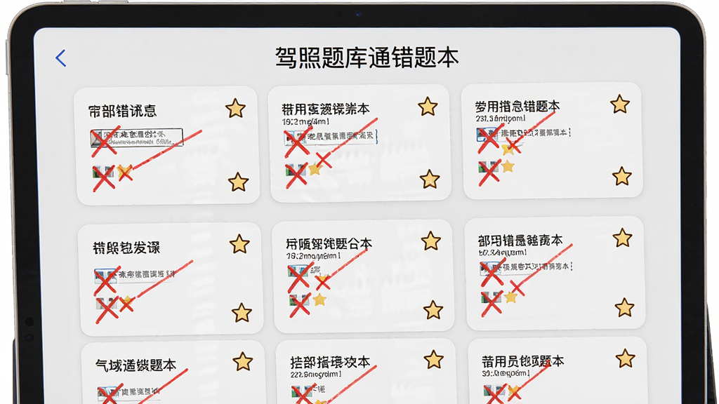 一张展示驾照题库通错题本功能的图片,主体是平板电脑屏幕,屏幕上排列着多道错题卡片和红色标记,布局为网格状,排版紧凑,风格为学习笔记风格,细节包括红色的叉号标记和收藏星星图标,画质清晰,干净,无多余元素