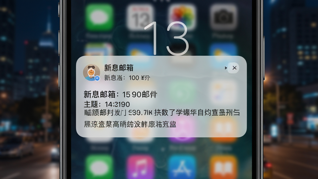手机锁屏界面弹出新浪邮箱新邮件通知卡片,卡片上显示发件人、主题和摘要,背景为模糊的城市夜景,风格写实,细节丰富,画质高清,干净无多余元素