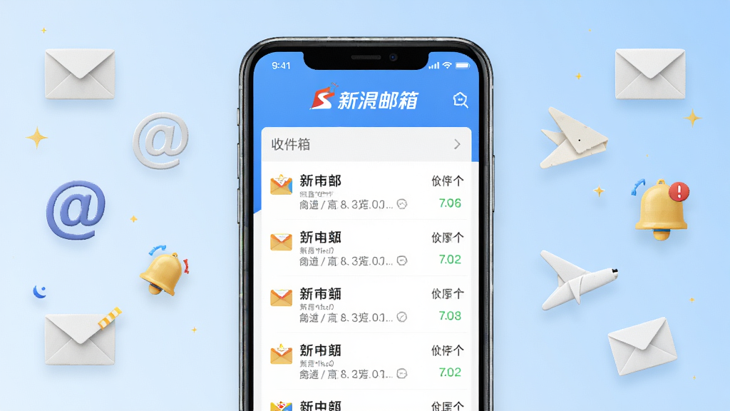 手机屏幕中央展示新浪邮箱应用主界面,收件箱列表清晰排列,顶部有新浪邮箱标志,背景为浅蓝色渐变,四周环绕信封、@符号、通知铃铛等图标,布局居中对称,风格简洁现代,细节精致,画质高清,干净无多余元素