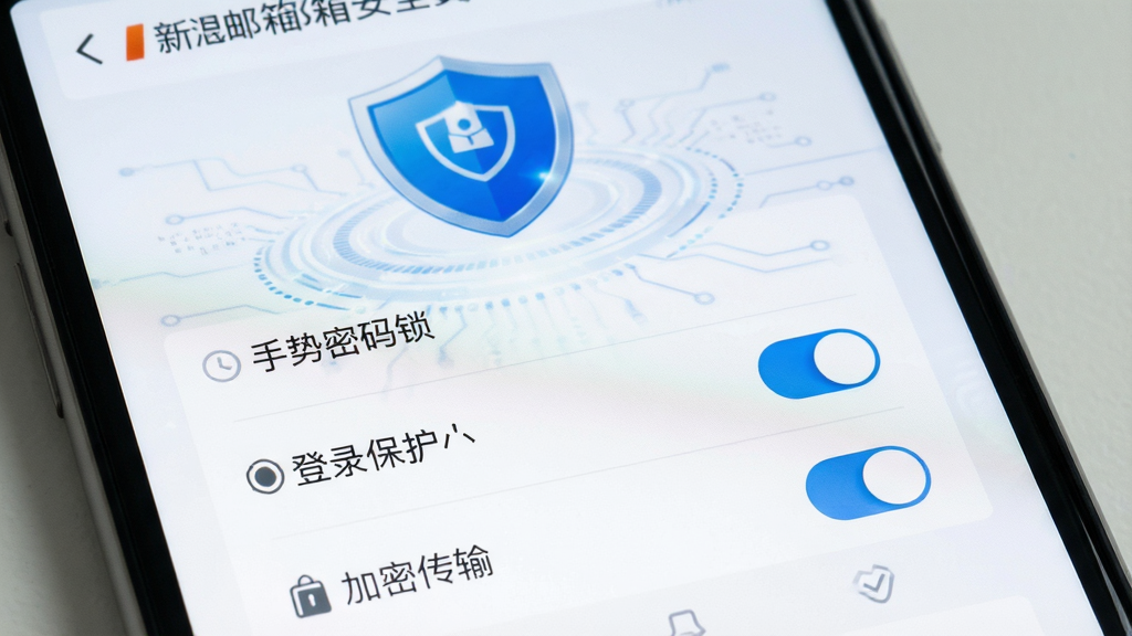 手机屏幕显示新浪邮箱安全设置页面,包含手势密码锁、登录保护、加密传输等选项开关,界面以蓝色盾牌图标为核心视觉元素,风格安全科技感,细节清晰,画质高清,干净无多余元素