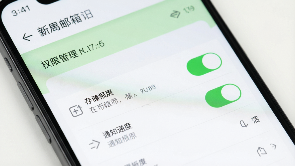 手机屏幕展示新浪邮箱设置页面中的权限管理选项,存储权限和通知权限开关处于开启状态,界面以白色和浅绿色为主,风格清新,细节清晰,画质高清,干净无多余元素