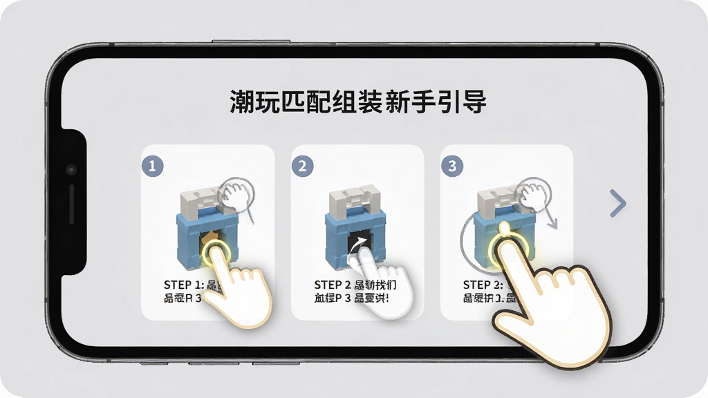 一张展示潮玩匹配组装新手引导界面的图片,画面中手机屏幕显示分步操作提示,有手指点击拖拽的动画示意,背景为浅灰色,布局为居中展示,风格为简洁教学风,细节包括高亮的手指图标和步骤序号,画质清晰,干净无多余元素