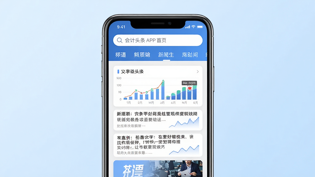 整体布局为手机应用界面展示,主体是会计头条APP首页,背景为干净的浅蓝色渐变,画面中央放置一部现代智能手机,屏幕内显示会计头条的资讯列表页面,顶部有搜索栏和频道分类,下方是图文并茂的新闻卡片,风格简洁商务,细节上突出财经数据图表和文字排版,画质清晰,干净,无多余元素
