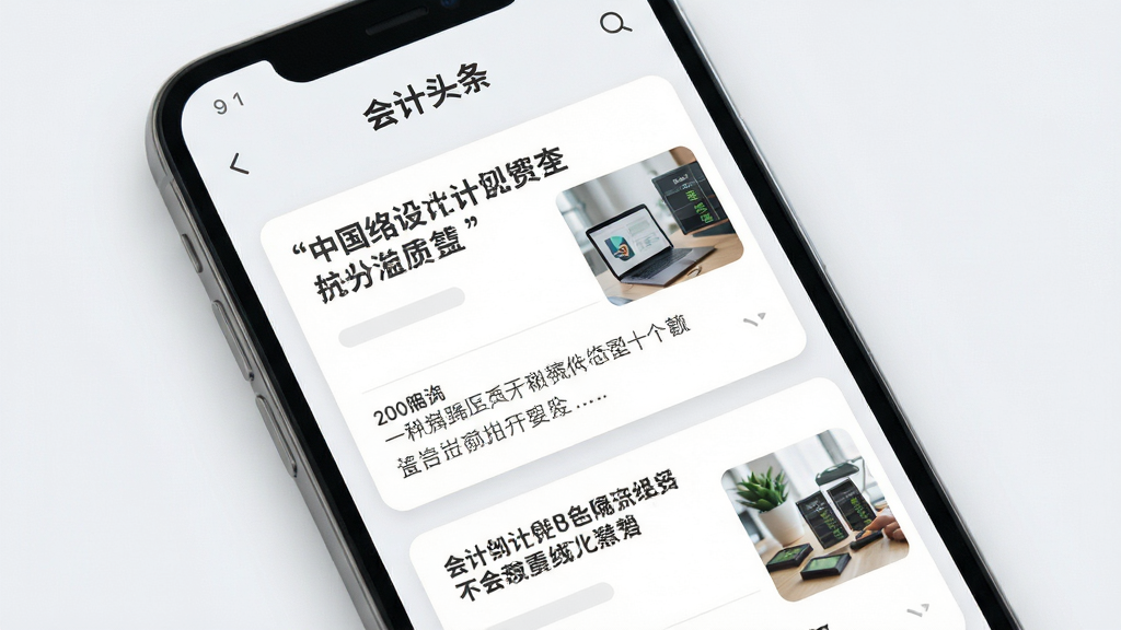 画面主体是一部智能手机,屏幕上显示会计头条APP的资讯流界面,布局为上下滑动式卡片,风格现代扁平化,细节包括醒目的标题文字和缩略图,背景为柔和的白色与浅灰色,画质高清,干净,无多余元素