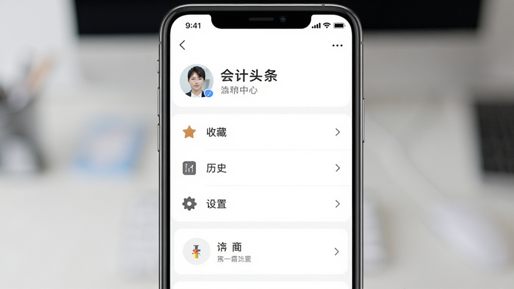 手机屏幕显示会计头条APP的个人中心页面,布局为上下结构,顶部是用户头像和昵称,中部是收藏、历史、设置等选项列表,风格简约商务,背景为白色,细节有图标和箭头指示,画质清晰,干净,无多余元素