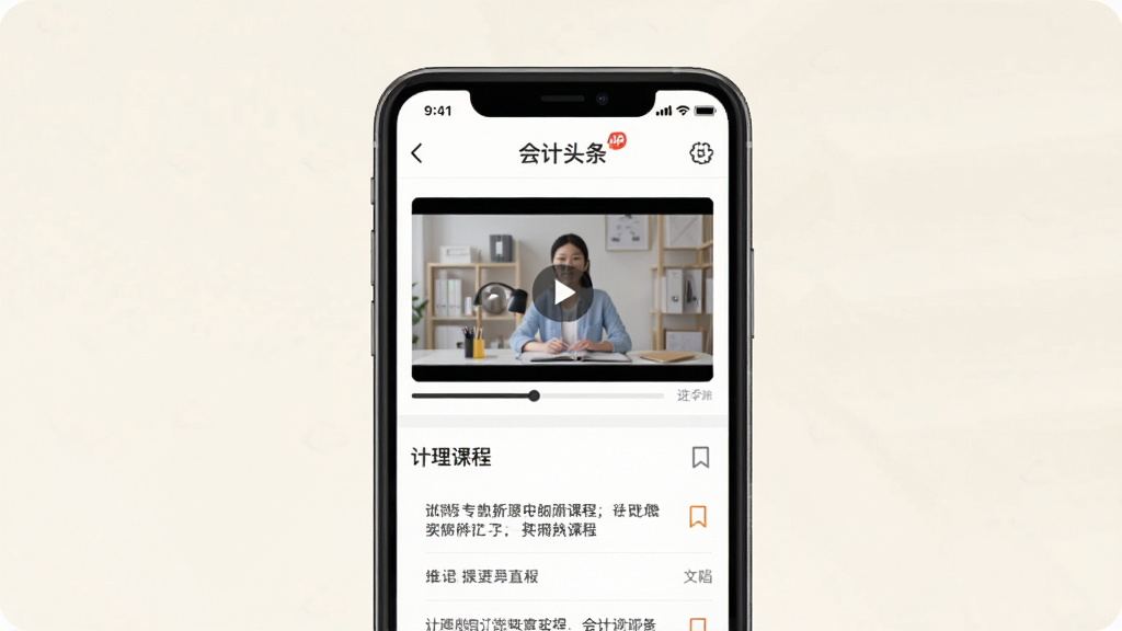 画面中央展示一部手机,屏幕内是会计头条APP的学习页面,包含视频课程和文档列表,布局清晰,风格专业教育类,细节有进度条和书签图标,背景为淡雅的米白色,画质清晰,干净,无多余元素