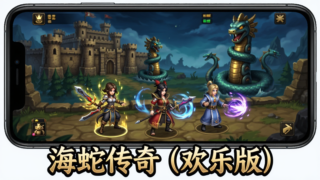 画面中央展示一部智能手机,屏幕上显示海蛇传奇(欢乐版)游戏主界面,背景是复古玛法大陆场景,远处有沙巴克城墙与海蛇盘绕的图腾柱,近处站着战法道三个职业角色,画面下方有“海蛇传奇(欢乐版)”艺术字标题,整体采用2.5D暗黑奇幻风格,色彩以暗金与深蓝为主,细节包含装备光效与技能特效,画质高清,画面干净,无多余元素