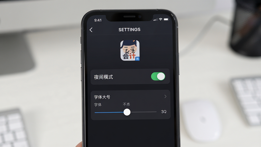 手机屏幕显示会计头条APP的设置界面,布局为选项列表,风格简洁实用,细节包括夜间模式开关和字体大小调节滑块,背景为深灰色夜间模式,画质清晰,干净,无多余元素