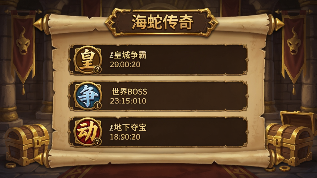 画面展示海蛇传奇(欢乐版)活动日历界面,以卷轴形式列出皇城争霸、世界BOSS、地下夺宝等活动图标与时间,背景是沙巴克宫殿内部,有旗帜与宝箱元素,整体采用复古奇幻风格,色彩以金色与深棕为主,细节包含活动图标与倒计时数字,画质高清,画面干净,无多余元素
