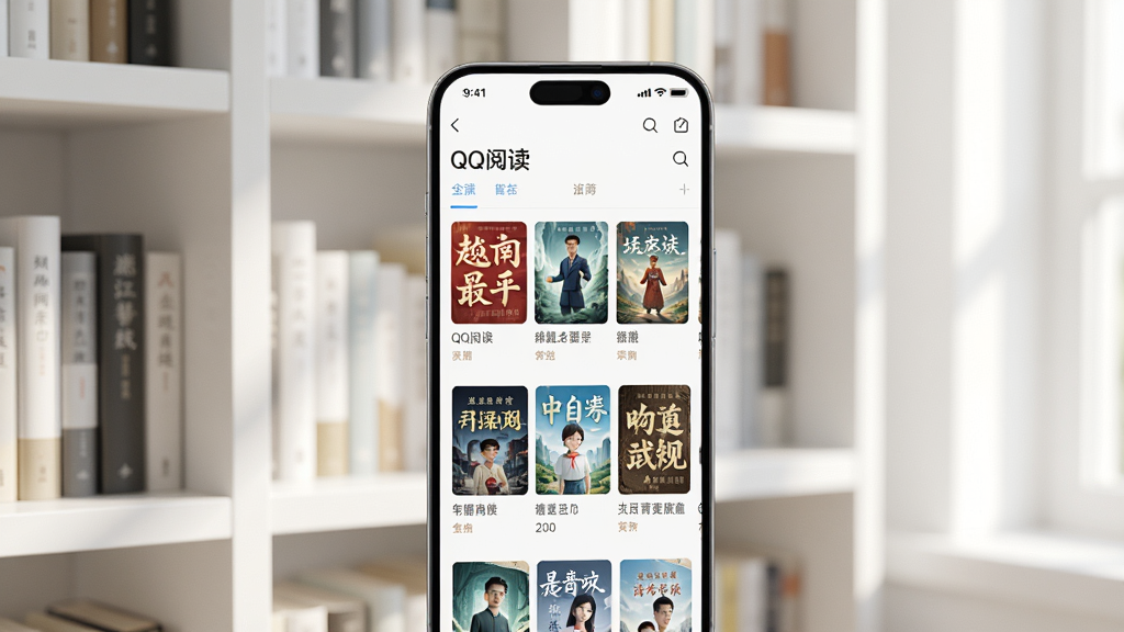 一部手机竖屏展示“QQ阅读”书城页面,页面上排列着各类小说封面,背景是简洁的白色书架,柔和的自然光从侧面照入,风格清新明亮,细节丰富,画质干净,无多余元素