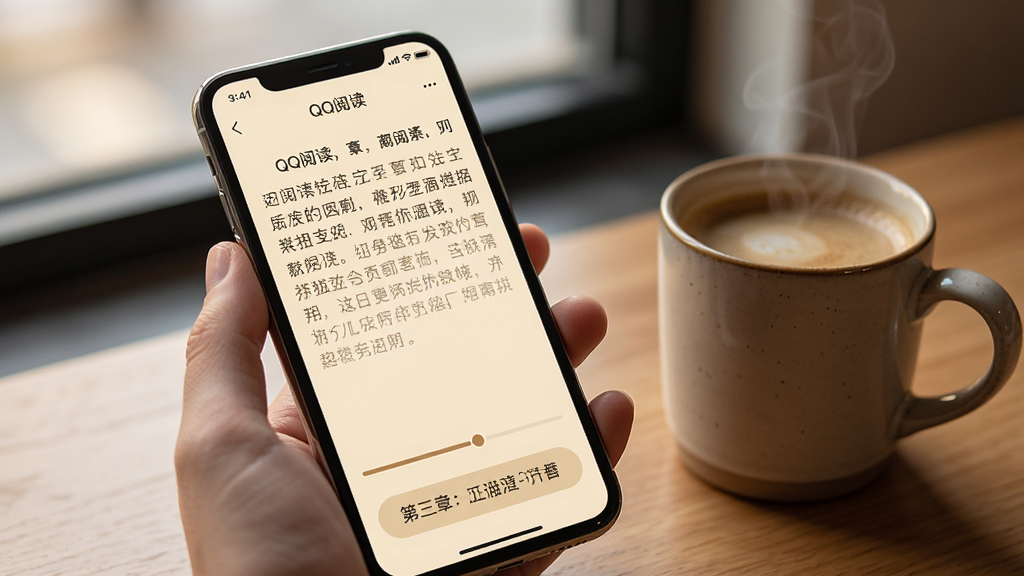 手机屏幕显示“QQ阅读”阅读界面,文字排版舒适,背景为米黄色护眼模式,页面下方有进度条和章节列表按钮,旁边放着一杯咖啡,整体氛围安静温馨,风格写实,细节清晰,画质干净,无多余元素