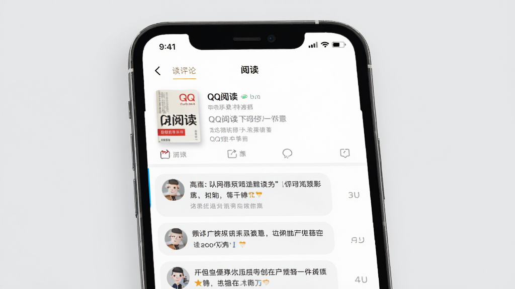 手机屏幕展示“QQ阅读”书籍详情页,下方有读者评论区,多条评论滚动排列,界面干净整洁,背景是浅灰色,风格简约商务,细节清晰,画质干净,无多余元素