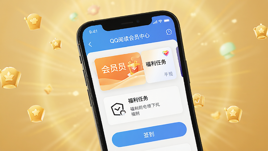 手机显示“QQ阅读”会员中心页面,页面上有会员卡、福利任务和签到按钮,背景是淡金色光晕,风格温暖,细节丰富,画质干净,无多余元素