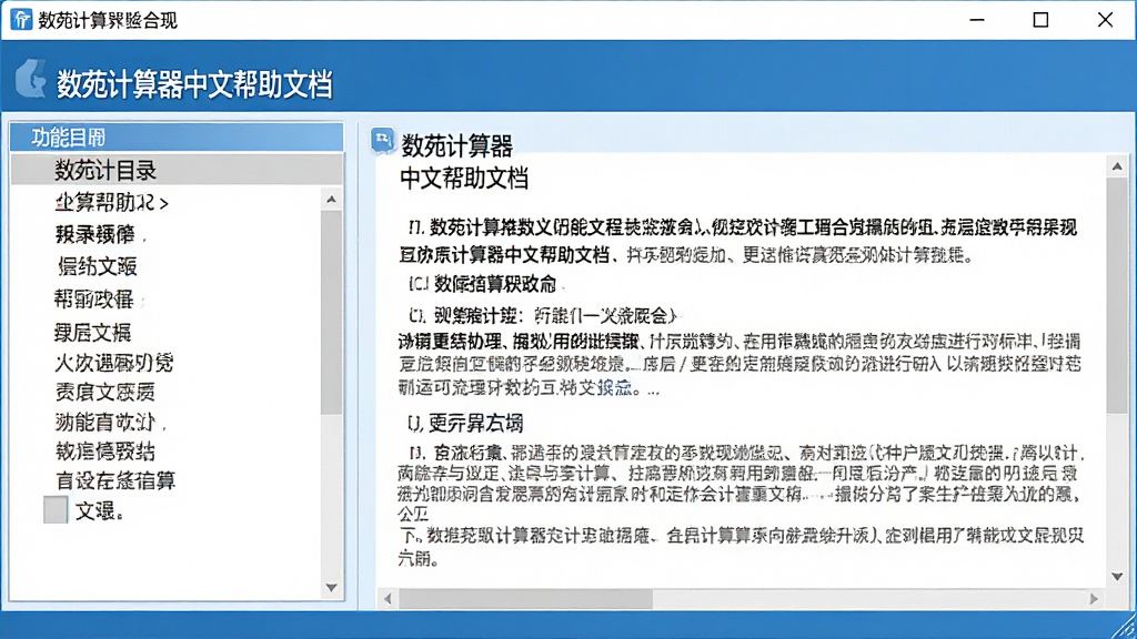 一张展示数苑计算器中文帮助文档界面的图片,画面中软件窗口显示中文帮助目录和具体的功能说明文字,界面排版整齐,蓝白配色,风格专业,细节丰富,画质高清,干净整洁,无多余元素