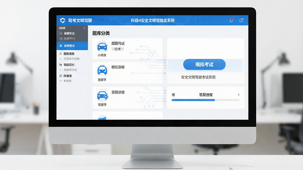 一张展示科目四安全文明驾驶考试系统软件主界面的图片,画面中央为电脑屏幕,屏幕中显示驾考刷题软件界面,包含题库分类、模拟考试按钮和答题进度条,布局清晰整齐,风格为简洁商务科技风,细节包含蓝色主题色、图标按钮和文字标签,画质高清干净无多余元素