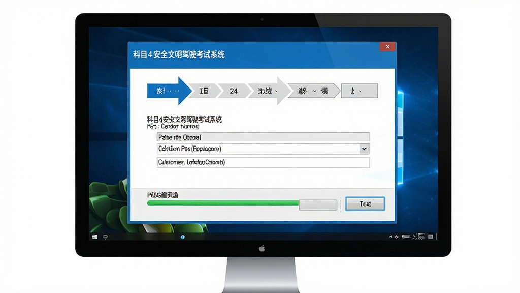 一张展示科目四安全文明驾驶考试系统安装在Windows电脑上的操作步骤示意图,画面主体为电脑屏幕显示安装向导界面,布局为步骤条和选项按钮,风格为软件安装教程风,细节包含路径选择框、下一步按钮和进度条,画质高清干净无多余元素