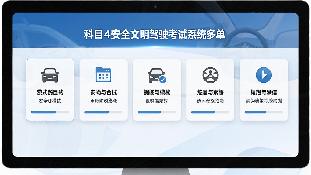 一张展示科目四安全文明驾驶考试系统多种练习模式的图片,画面主体为电脑屏幕显示模式选择菜单,布局为五个功能卡片横向排列,风格为现代扁平化设计,细节包含图标、文字说明和进度条,画质高清干净无多余元素