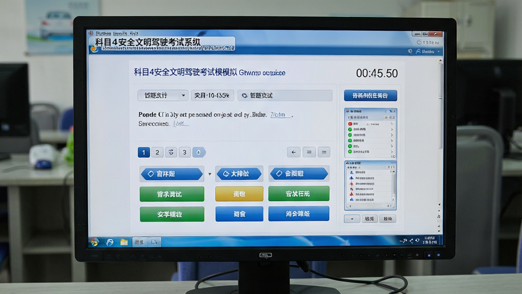一张展示科目四安全文明驾驶考试系统模拟考试界面的图片,画面主体为电脑屏幕显示考试答题页面,布局为上方题目区域下方选项按钮,风格为真实考场模拟风,细节包含计时器、题号导航和答题卡,画质高清干净无多余元素