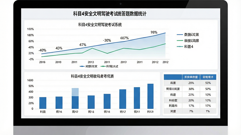 一张展示科目四安全文明驾驶考试系统答题数据统计的图片,画面主体为电脑屏幕显示数据图表,布局为上方折线图下方柱状图,风格为数据可视化商务风,细节包含百分比数字、图例说明和统计表格,画质高清干净无多余元素