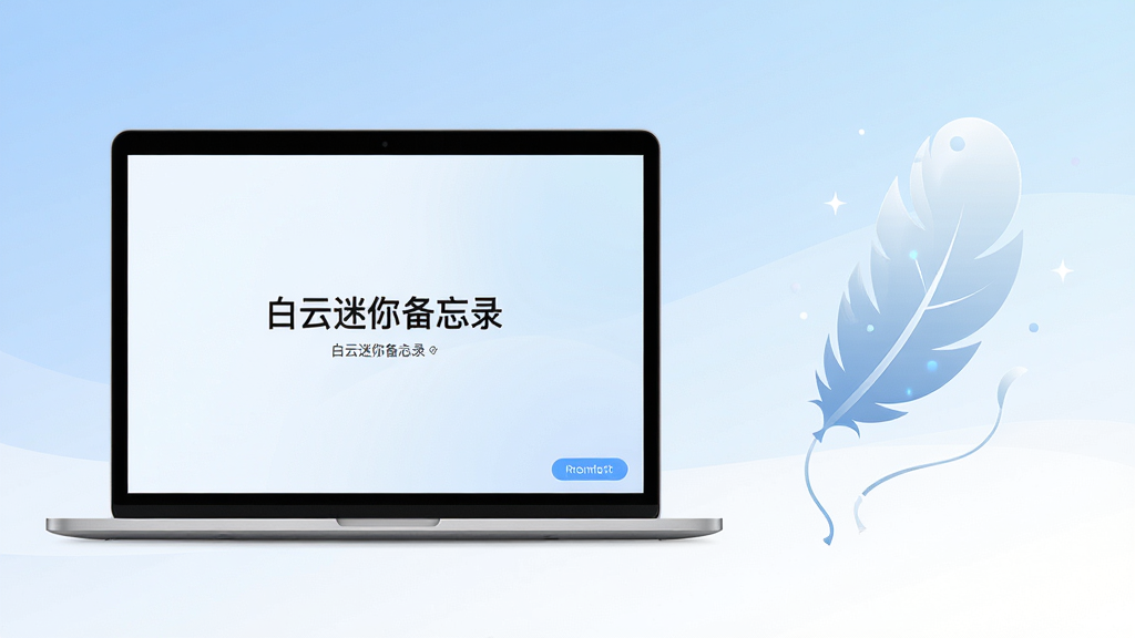 一张科技感与简约风结合的概念图,画面左侧是一台运行中的笔记本电脑,屏幕显示“白云迷你备忘录”的启动界面,右侧是一个象征轻量化的羽毛或气球图形,背景采用柔和的蓝白渐变色调,排版采用左右对比构图,风格现代简洁,细节锐利,画质清晰,干净无杂乱