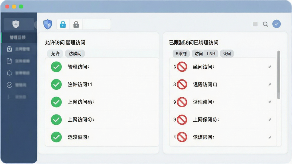 一张表现“上网保姆”访问管理功能的示意图,画面中心是软件管理界面,左侧显示允许访问的绿色对勾列表,右侧显示已限制访问的红色禁止图标列表,布局清晰对称,风格为清爽扁平化设计,细节包含盾牌、锁形图标和分类标签,画质高清,干净,无多余元素