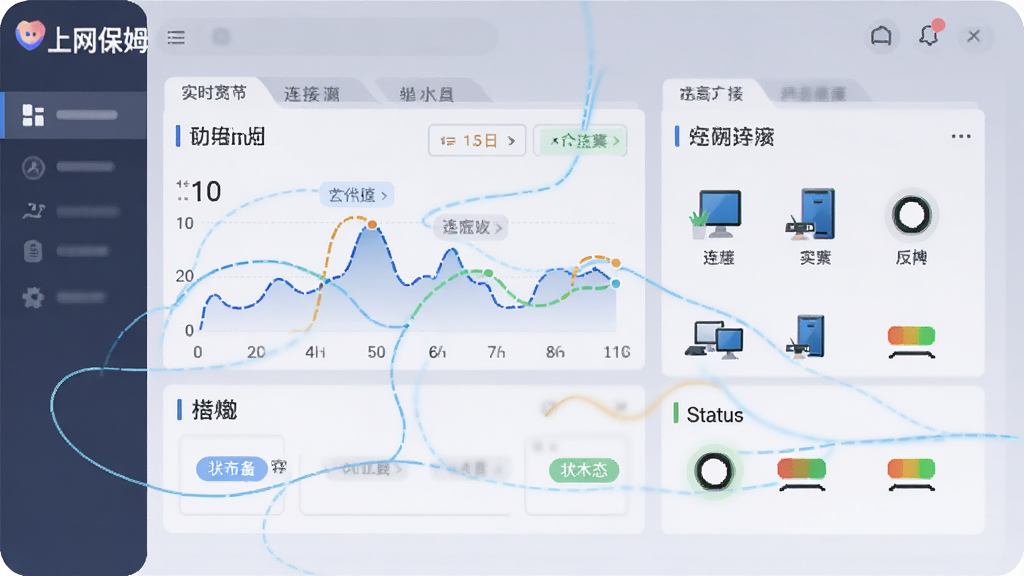 一幅以“上网保姆”软件界面为主体的数字插画,画面展示实时网络监控面板,包含带宽曲线图、连接设备图标和状态指示灯,布局采用左右分栏式排版,风格为简约科技风,细节有数据流动线条和状态标签,画质清晰,干净,无多余元素