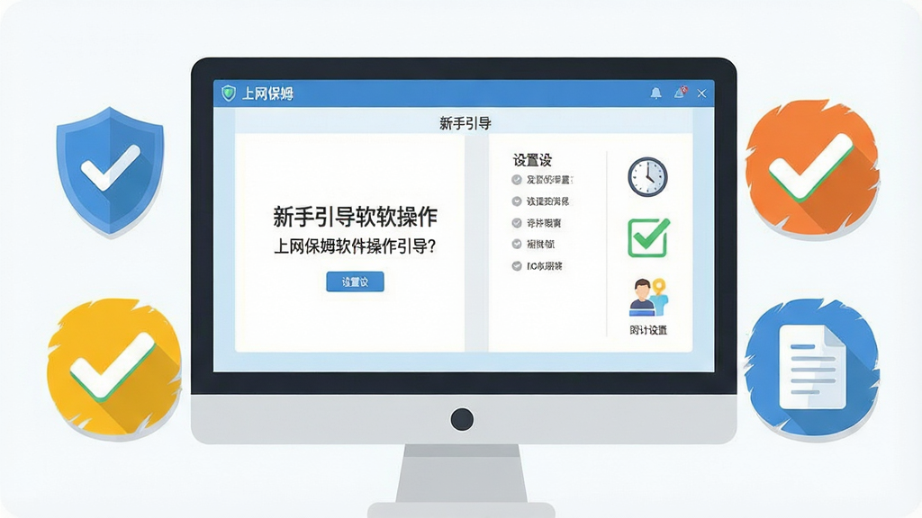 一张展示“上网保姆”软件操作界面的截图风格插画,画面主体为电脑屏幕,屏幕上显示软件的新手引导页面和设置选项,旁边有醒目的提示图标和勾选标记,布局以屏幕为中心,风格为简洁明快的扁平化设计,细节包含管理员权限盾牌图标、时钟设置图标和日志文档图标,画质清晰,干净,无多余元素