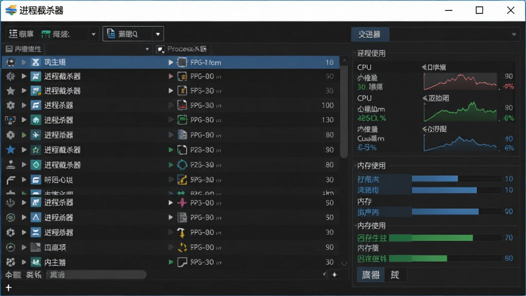 一张展示进程截杀器软件界面的全景图,画面中央是软件主窗口,左侧为进程列表,右侧为进程详细信息面板,窗口标题栏显示