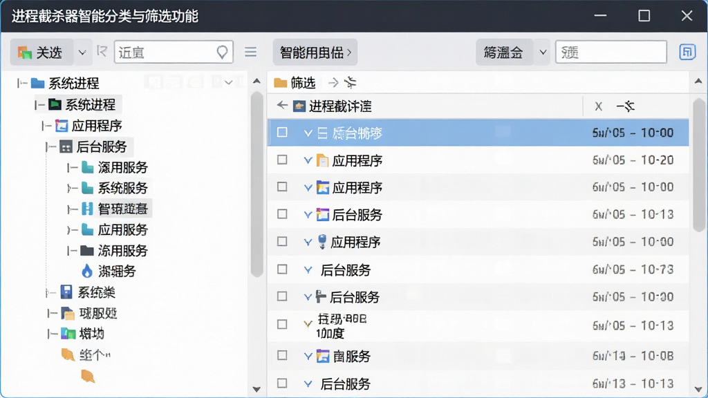 一张展示进程截杀器智能分类与筛选功能的界面图,画面主体为软件窗口左侧的进程分类树状图,包括
