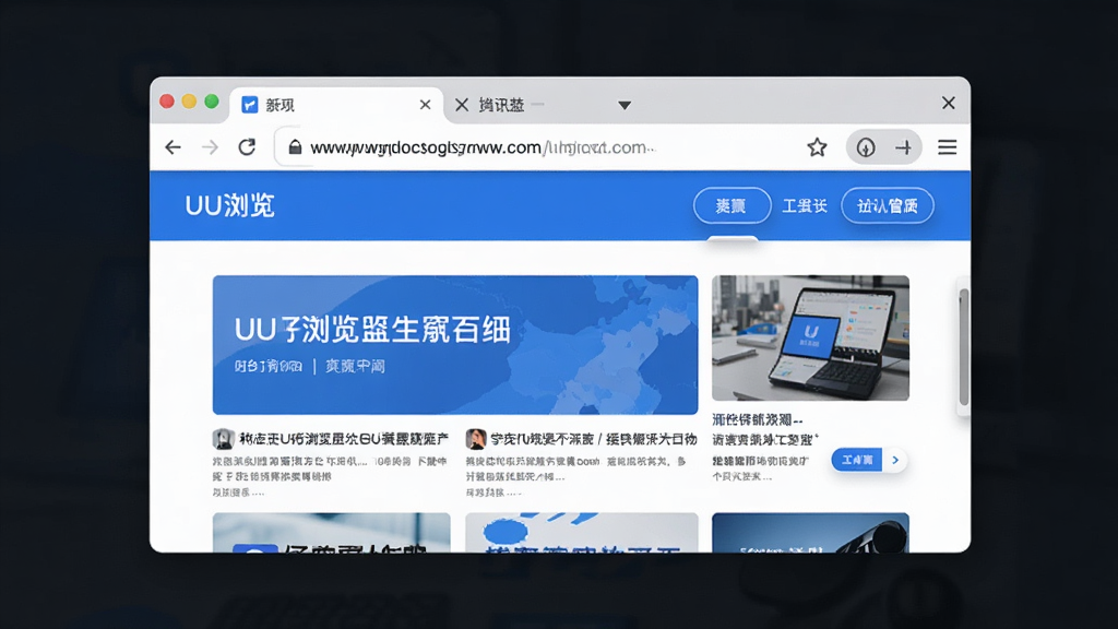 一张展示UU浏览器主界面的宽幅图片,画面中央是简洁的浏览器窗口,顶部标签栏清晰可见,地址栏输入着常用网址,页面内容为资讯首页,整体布局清爽,配色以蓝白为主,风格现代简约,细节包括圆角按钮和柔和阴影,画质清晰,干净,无多余元素