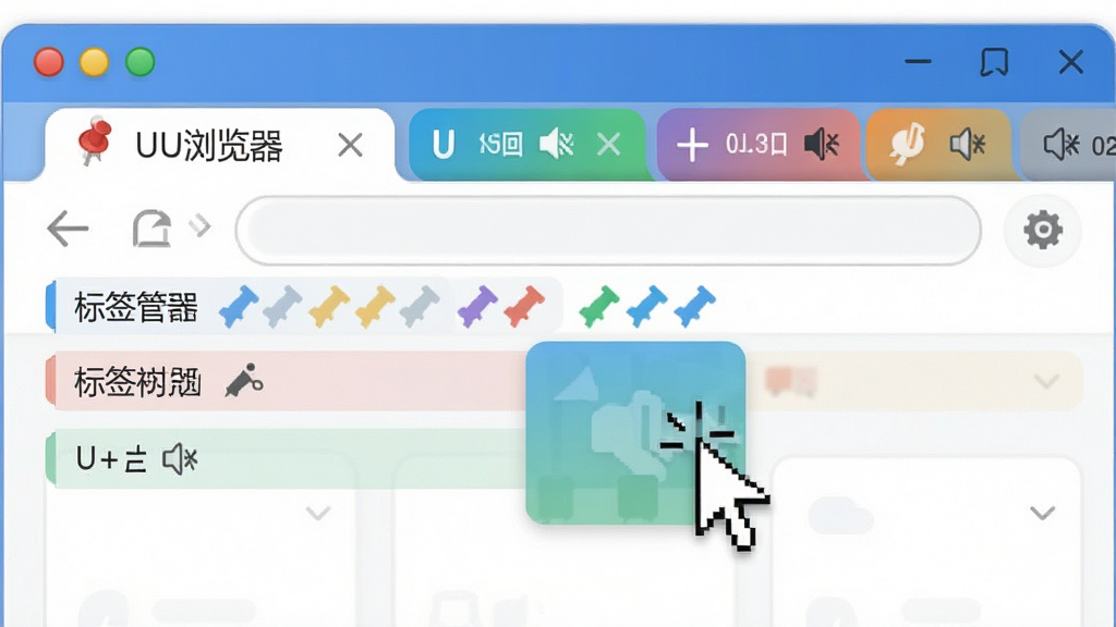 一幅展示UU浏览器多标签管理功能的示意图,画面中浏览器窗口顶部排列着多个彩色标签页,部分标签带有固定图钉和静音图标,鼠标指针正在执行拖拽动作,布局清晰,风格简洁明快,细节有标签分组色块,画质清晰,干净,无多余元素