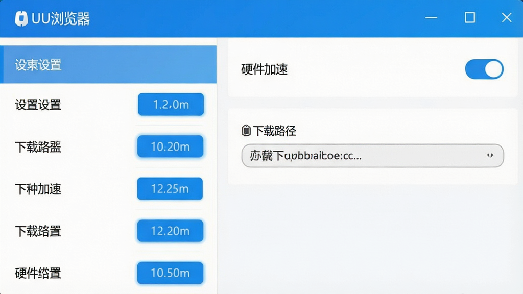 一幅展示UU浏览器设置界面的截图风格图片,画面中左侧为设置菜单列表,右侧显示“硬件加速”开关和下载路径选项,布局清晰,风格简洁,细节有蓝色高亮按钮,画质清晰,干净,无多余元素