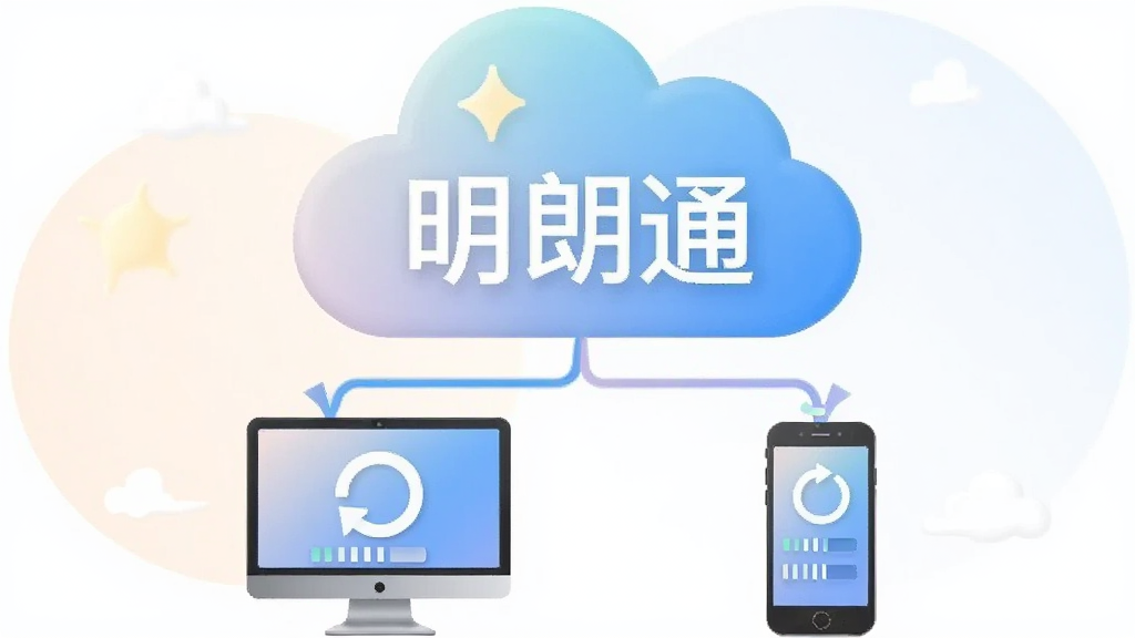 画面主体是一朵云朵图标,云朵下方连接着电脑和手机两个设备,云朵上显示明朗单词通,布局为上下结构,风格为柔和的渐变插画,细节包括设备屏幕上的同步箭头和数据条,画质清晰干净,无多余元素