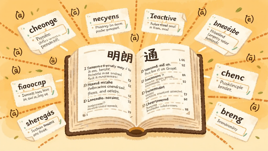 画面中央是一本打开的巨大英语词典,词典页面上方显示明朗单词通,周围漂浮着各种英文单词卡片和音标符号,布局为发散式,风格为温暖的手绘插画,细节包括单词卡上的例句和词根标注,画质清晰干净,无多余元素