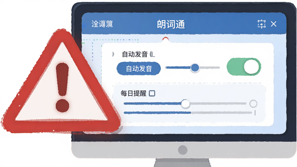 画面主体是一台电脑屏幕,屏幕上显示明朗单词通的设置界面,界面中有自动发音开关和每日提醒选项,屏幕旁边有一个红色的警示三角形图标,布局为居中偏左,风格为扁平化科技插画,细节包括设置面板上的按钮和滑块,画质清晰干净,无多余元素