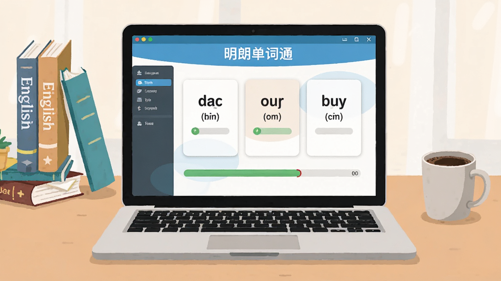 画面中央是一台打开的笔记本电脑,屏幕上显示着明朗单词通软件的主界面,界面中有单词卡片和进度条,软件名称明朗单词通显示在屏幕顶部,背景是整洁的书桌,桌上有几本英语书籍和一杯咖啡,风格为清新明亮的扁平化插画,细节包括单词卡片上的英文字母和音标,画质清晰干净,无多余元素