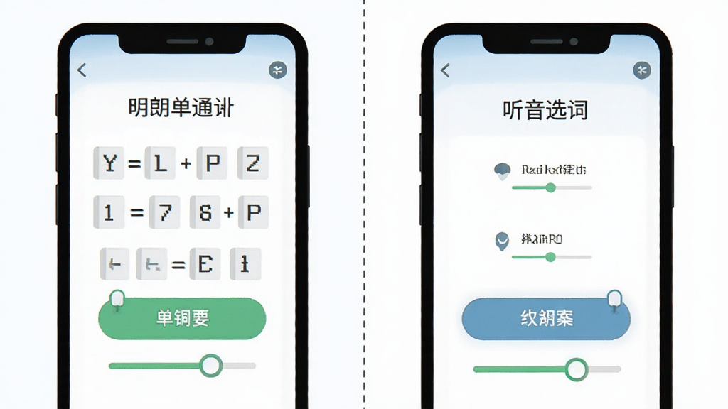 画面中是一个分屏场景,左侧显示明朗单词通的拼写测试界面,右侧显示听音选词界面,中间用虚线分隔,布局为左右对比,风格为简洁的UI风格插画,细节包括屏幕上的答题按钮和进度提示,画质清晰干净,无多余元素