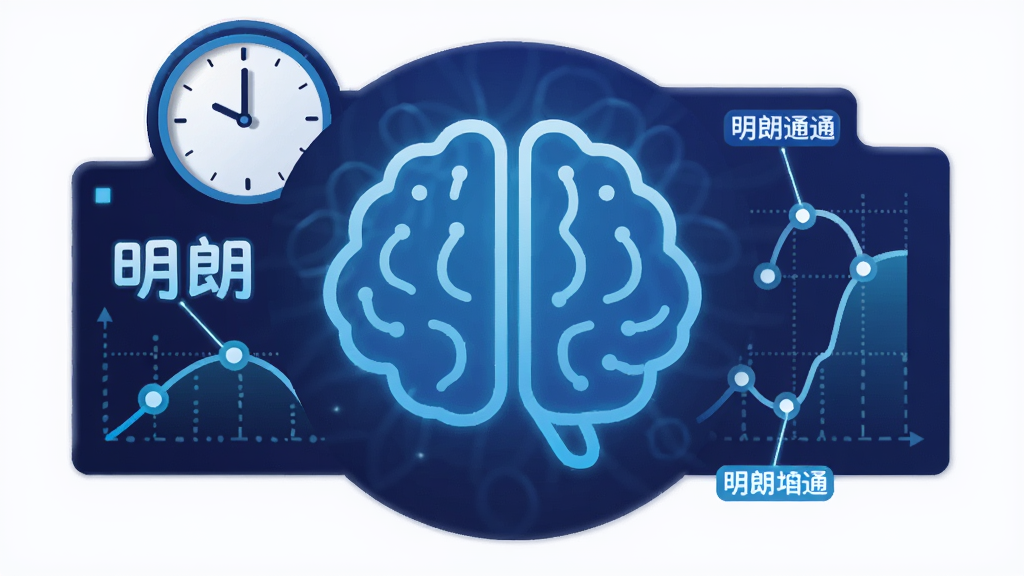 画面主体是一个发光的蓝色大脑图标,周围环绕着时钟和记忆曲线图表,图表上标注着明朗单词通字样,布局为居中对称,风格为科技感扁平插画,细节包括曲线上的节点和单词标签,画质清晰干净,无多余元素