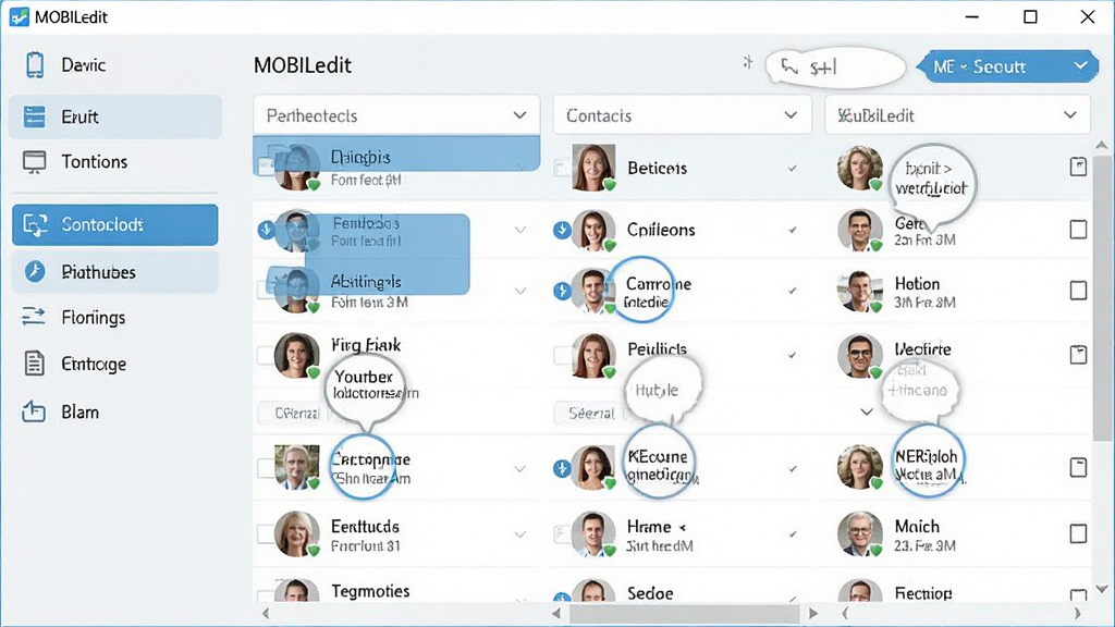 MOBILedit 直观操作界面展示图,主体为软件主界面全貌,左侧为设备连接与功能导航栏,右侧为主操作区域显示联系人列表,布局为经典左右分栏,排版整洁,风格为清爽浅色,细节包含高亮显示的功能按钮和步骤提示气泡,画质高清,干净,无多余元素。